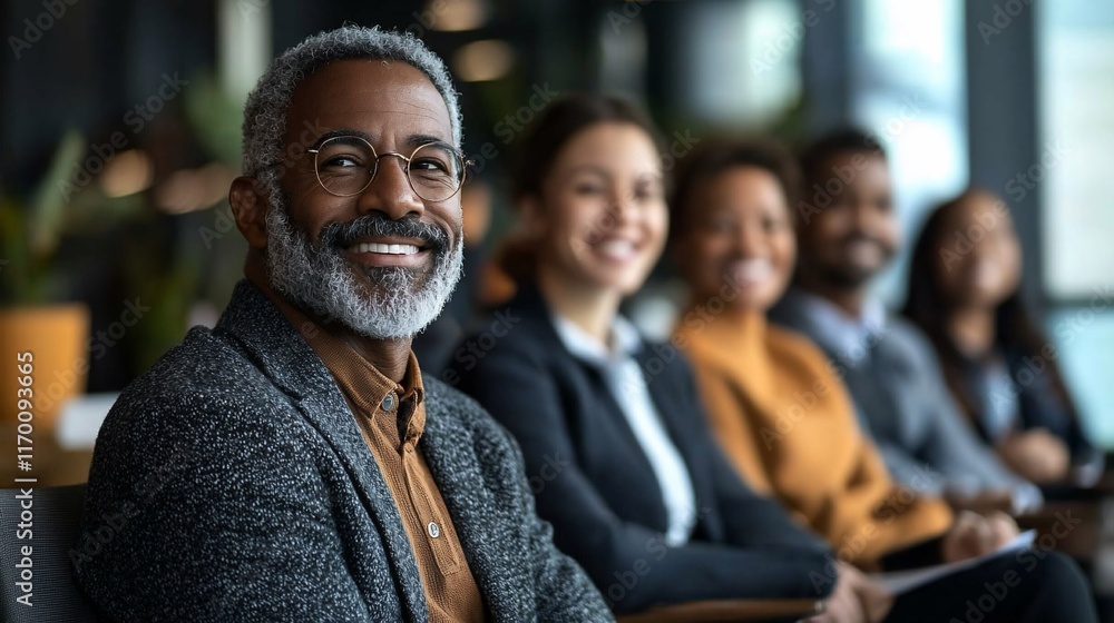 Happy diverse business team sitting and smiling. Happy diverse business team sitting and smiling.