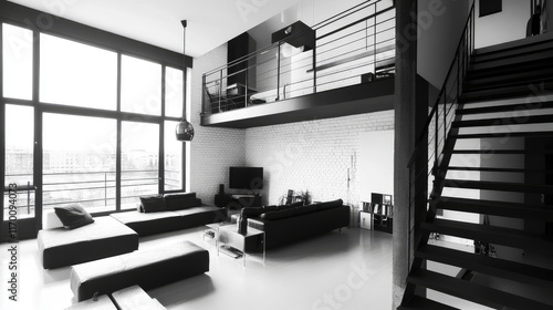 Monochrome loft interior design showcasing minimalist aesthetics and spacious living area with modern furnishings and natural light photo