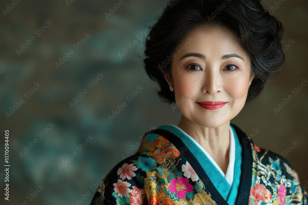 Elegant older woman in a beautiful floral kimono, serene expression, traditional Japanese attire. Elegant older woman in a beautiful floral kimono, serene expression, traditional Japanese attire.