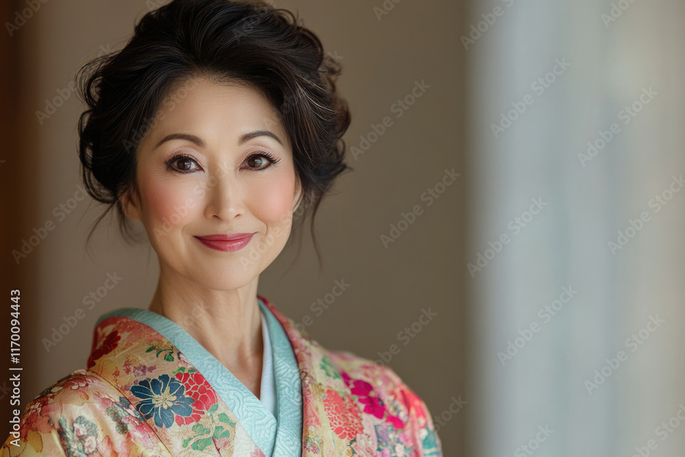 A portrait of an elegant Asian woman wearing a vibrant kimono, showcasing her serene beauty and traditional attire. A portrait of an elegant Asian woman wearing a vibrant kimono, showcasing her serene beauty and traditional attire.