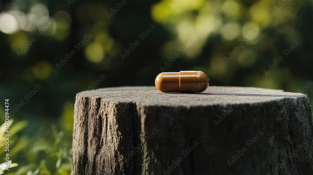 Herbal medicine capsule placed on a wooden stump in a natural outdoor setting for holistic health and wellness promotion Herbal medicine capsule placed on a wooden stump in a natural outdoor setting for holistic health and wellness promotion