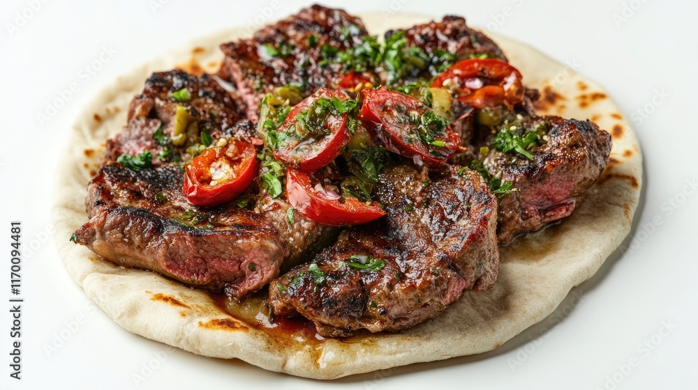 Grilled steak served on pita bread with fresh tomatoes and green chili peppers on a white background for culinary delight visuals Grilled steak served on pita bread with fresh tomatoes and green chili peppers on a white background for culinary delight visuals
