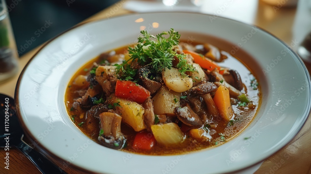 Hearty meat soup with fresh vegetables and mushrooms garnished with herbs in a white bowl on a wooden table Hearty meat soup with fresh vegetables and mushrooms garnished with herbs in a white bowl on a wooden table