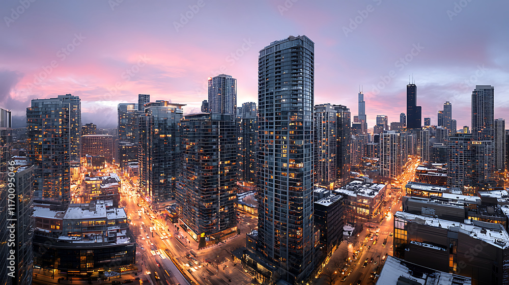 Obraz premium vibrant city skyline at dusk, showcasing modern buildings and glowing lights. scene captures beauty of urban life in winter