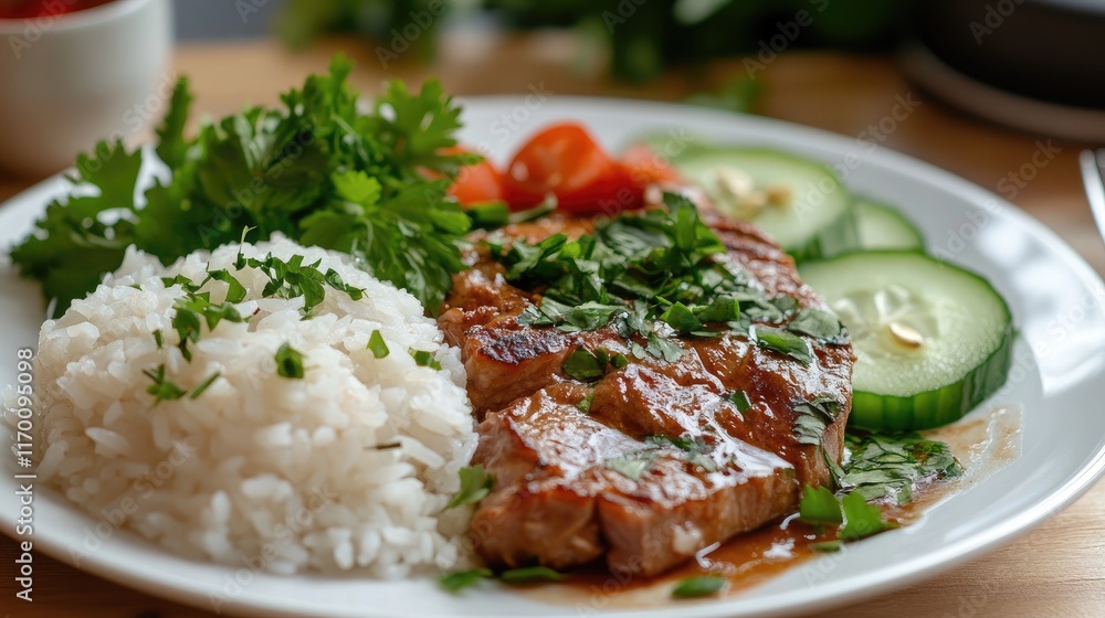 Grilled meat served with fluffy rice fresh cucumber slices and vibrant greens on a white plate garnished with herbs and cherry tomatoes Grilled meat served with fluffy rice fresh cucumber slices and vibrant greens on a white plate garnished with herbs and cherry tomatoes
