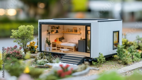 Miniature model of a cozy tiny house highlighting affordable housing solutions in a vibrant outdoor setting photo