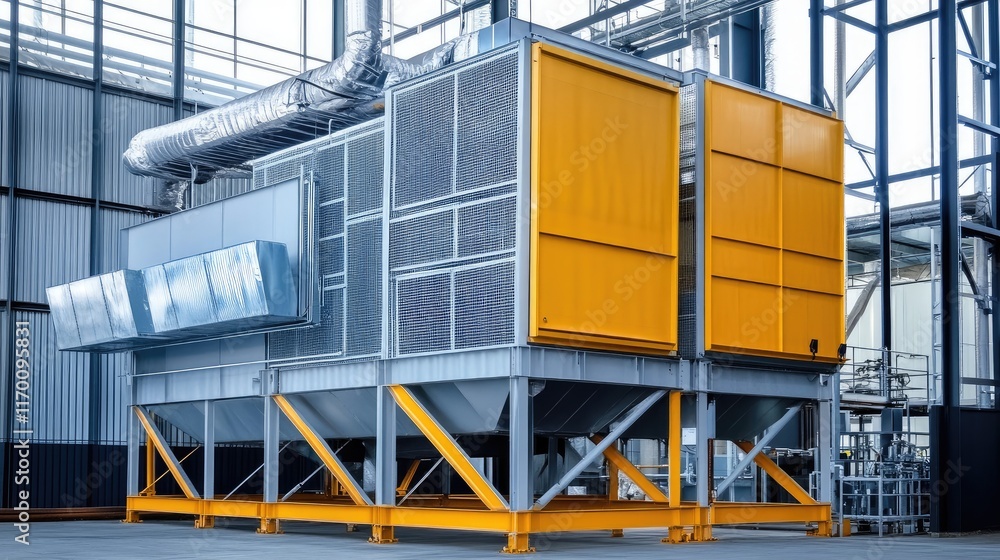 Industrial Air Handling Unit with Metal Ducts and Ventilation Components in a Factory Setting Industrial Air Handling Unit with Metal Ducts and Ventilation Components in a Factory Setting
