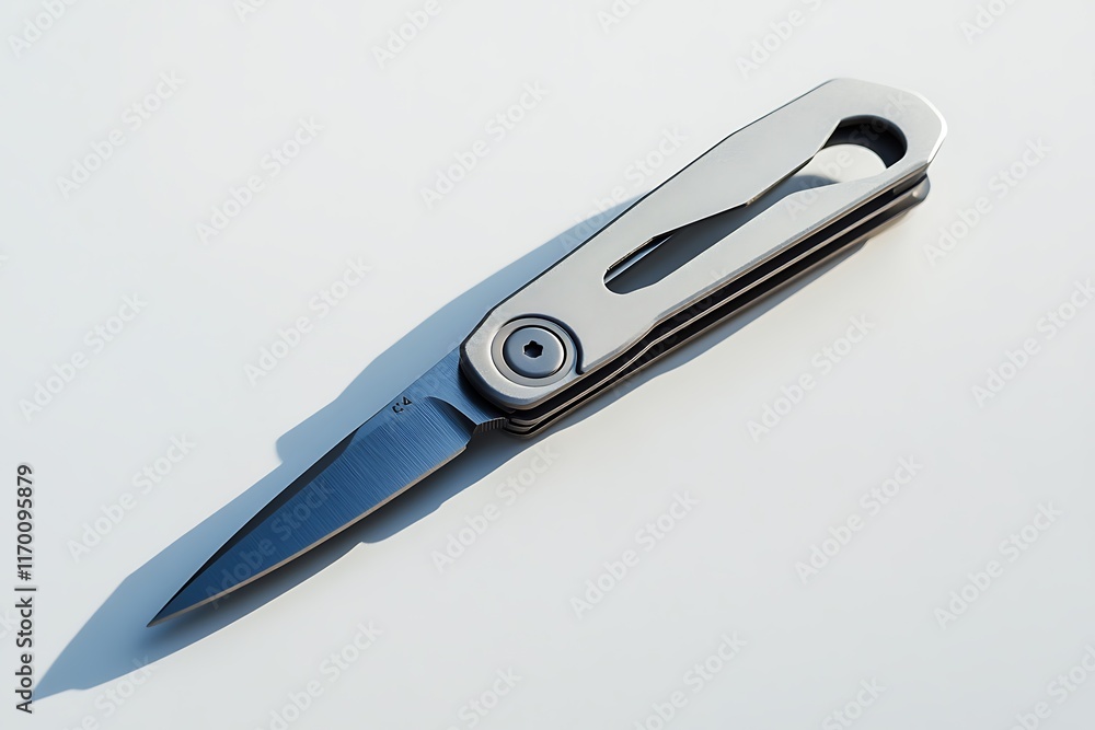 A sleek, modern folding knife with a metallic finish and ergonomic design. A sleek, modern folding knife with a metallic finish and ergonomic design.