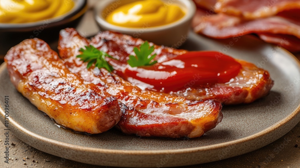 Sliced meat on a plate garnished with ketchup and mustard alongside bacon and sausage details Sliced meat on a plate garnished with ketchup and mustard alongside bacon and sausage details