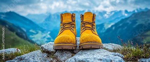 Yellow hiking boots on mountain peak.