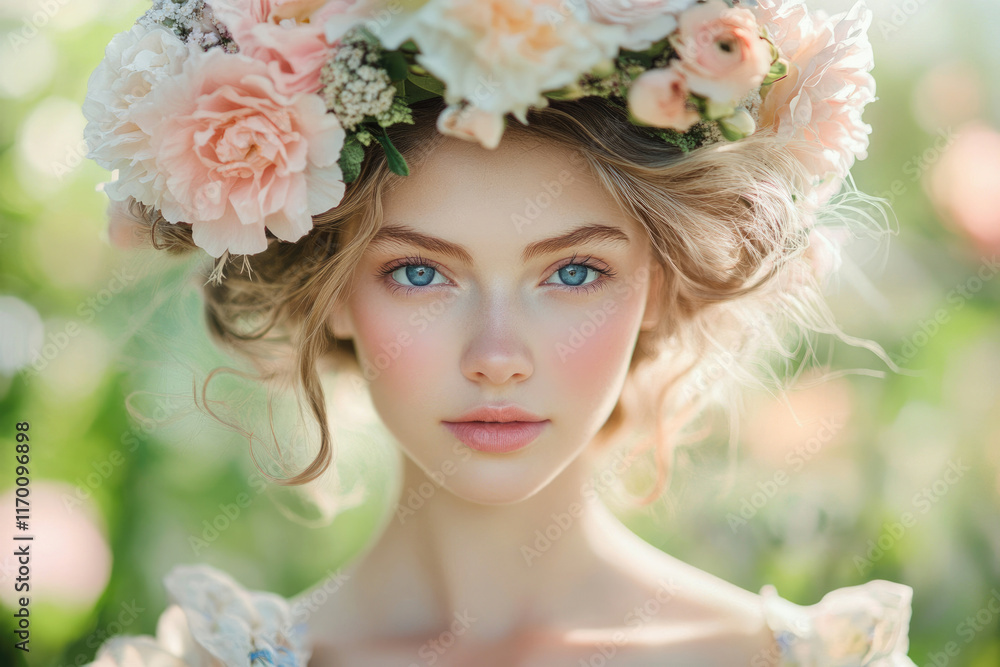 A young woman with a flower crown, blushing cheeks, and bright blue eyes. A young woman with a flower crown, blushing cheeks, and bright blue eyes.