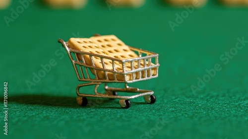 Miniature shopping cart with cracker on vibrant green background showcasing creative food art and playful consumer themes. photo