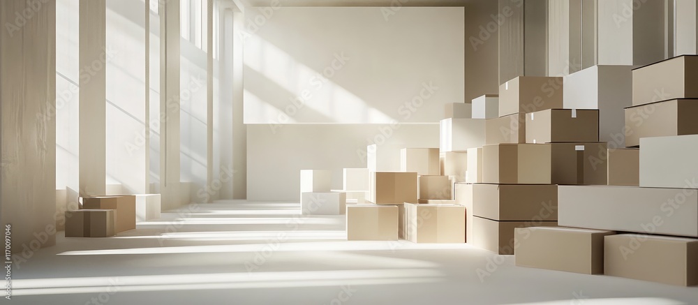 Fototapeta premium Spacious empty room filled with stacked moving boxes illustrating transition and organization in a modern living space