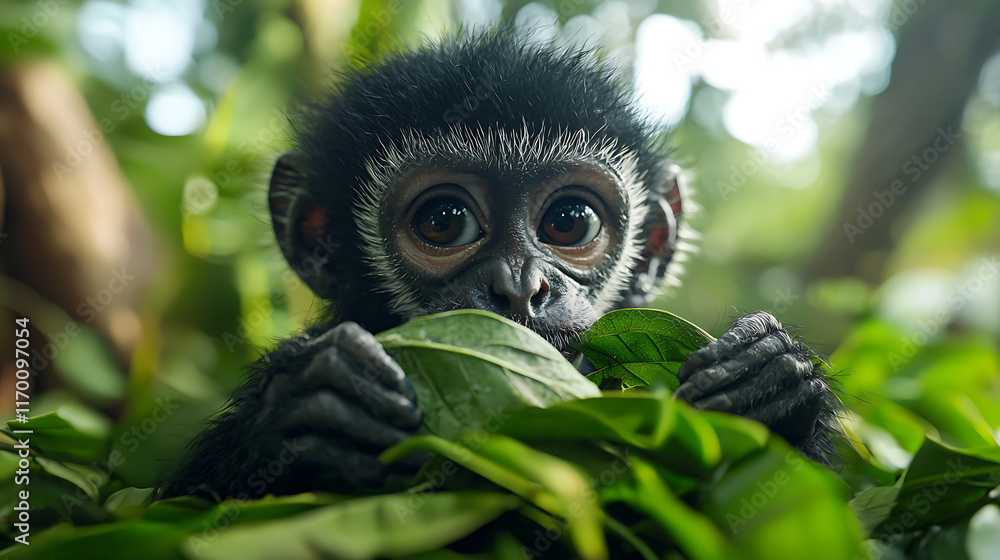 Obraz premium young colobus monkey curiously eats leaves in lush green environment, showcasing its expressive eyes and playful nature