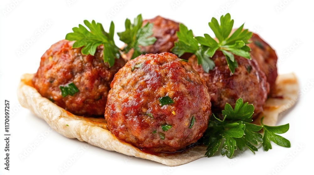 Meatball Wraps with Fresh Herbs and Sauce on Flatbread Against White Background Meatball Wraps with Fresh Herbs and Sauce on Flatbread Against White Background