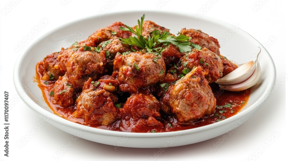 Savory meatballs in rich tomato sauce with garlic served on a pristine white dish garnished with fresh herbs and surrounded by garlic cloves. Savory meatballs in rich tomato sauce with garlic served on a pristine white dish garnished with fresh herbs and surrounded by garlic cloves.