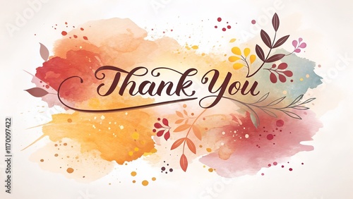 Artistic cursive handwritten 'Thank You' text with warm watercolor tones and floral accents, elegant calligraphy on a soft background, perfect for cards and gratitude themes