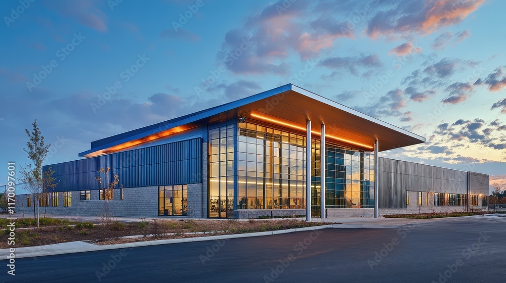 Contemporary industrial architecture featuring sleek metal siding and expansive skylights under a vibrant sunset sky. Contemporary industrial architecture featuring sleek metal siding and expansive skylights under a vibrant sunset sky.
