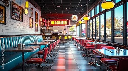 Retro diner with classic neon signs and vintage menu