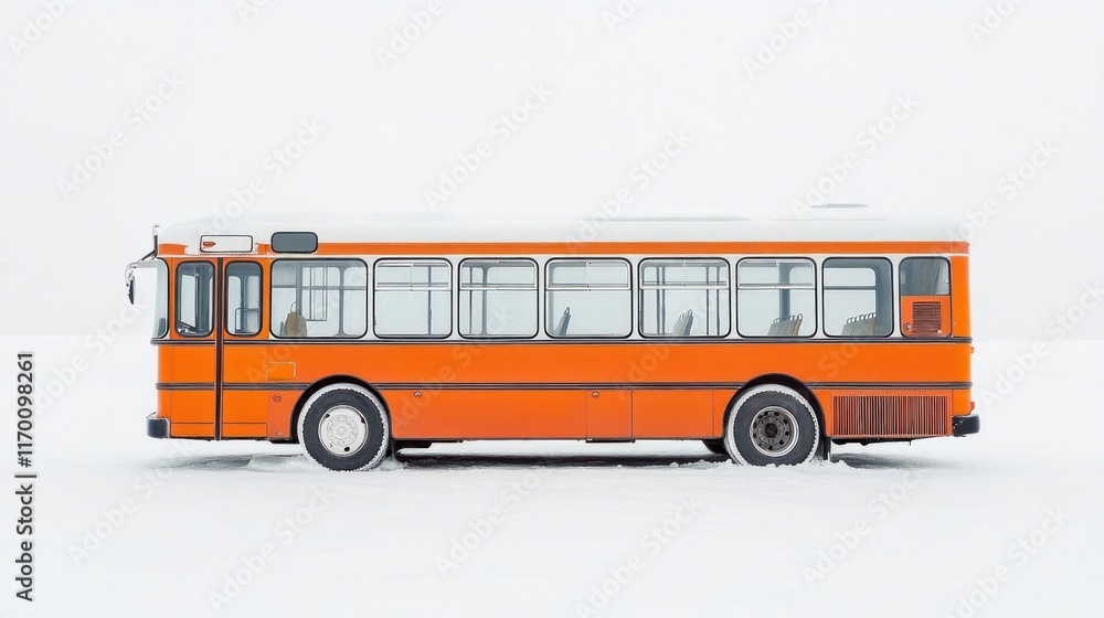 Orange bus snow field winter transport arctic landscape Orange bus snow field winter transport arctic landscape