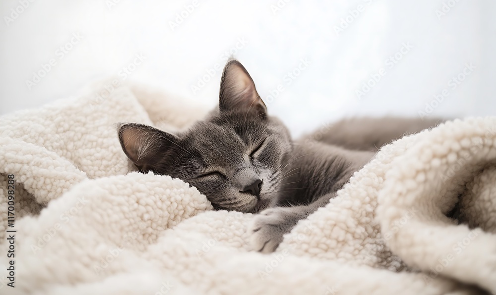 A sleeping gray cat nestled in a cozy, fluffy blanket. A sleeping gray cat nestled in a cozy, fluffy blanket.