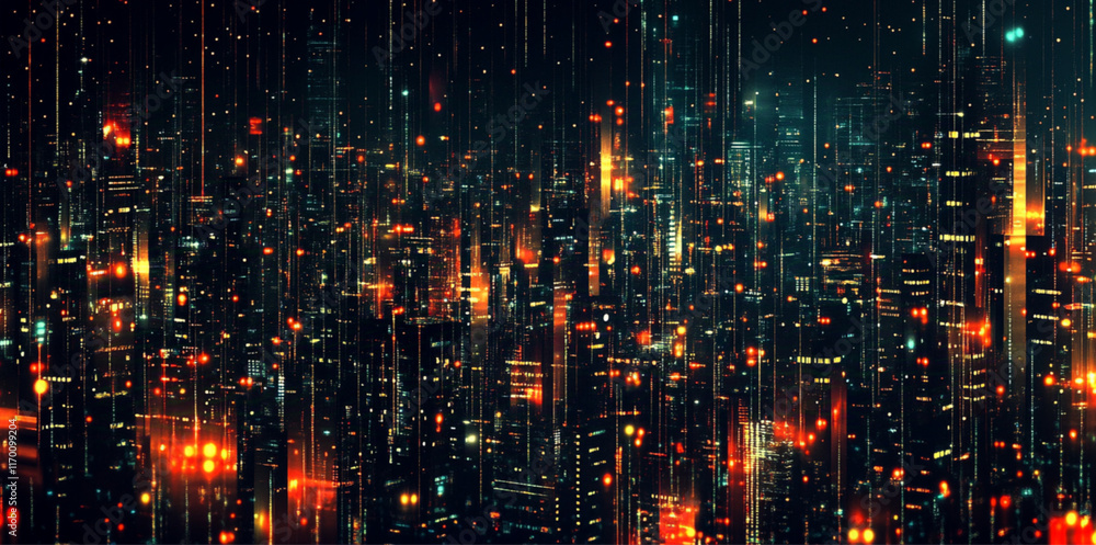 a built up modern city with many lights at night busy frantic, vintage 1960s minimal illustration style a built up modern city with many lights at night busy frantic, vintage 1960s minimal illustration style