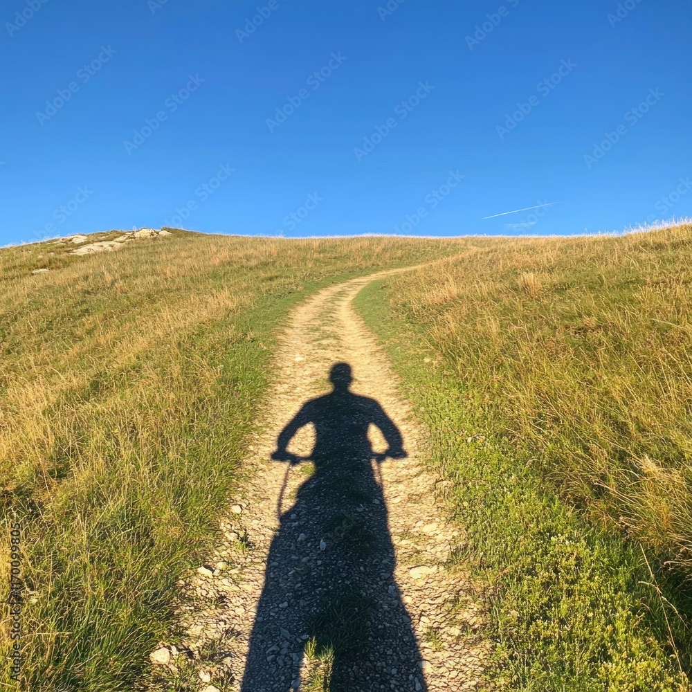 Fototapeta premium Shadow of cyclist on uphill path, sunny day.
