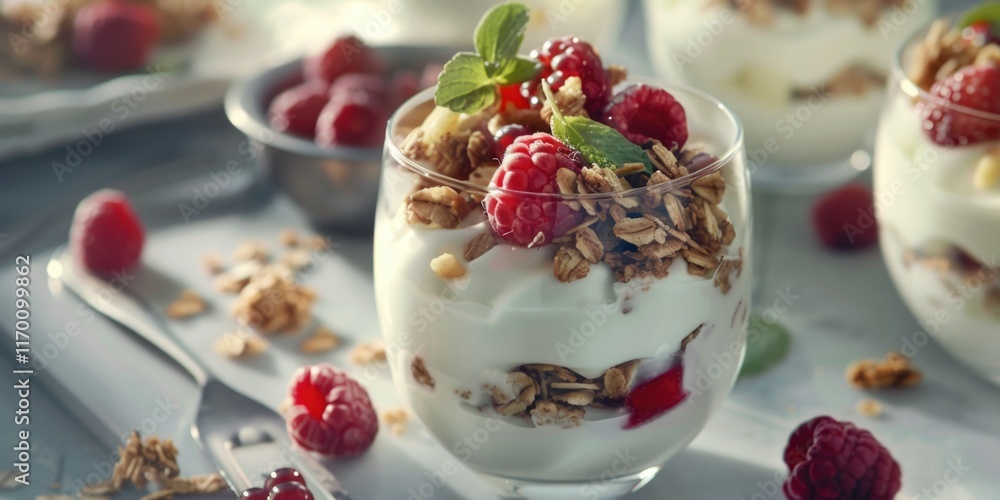 Berry yogurt dessert with granola topping, presented on a plate. A healthy and nutritious option for breakfast or snacks. Berry yogurt dessert with granola topping, presented on a plate. A healthy and nutritious option for breakfast or snacks.