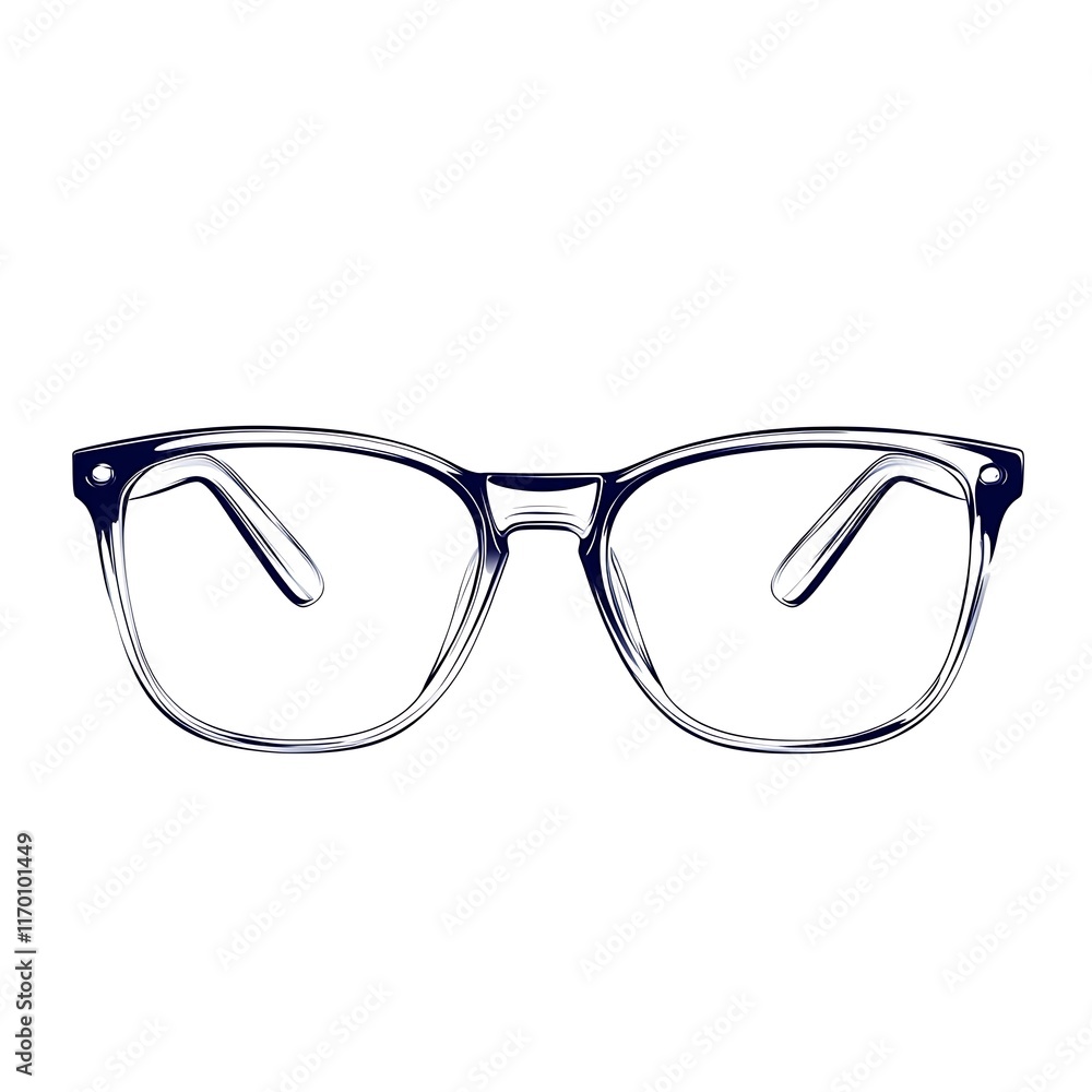 Clear square eyeglasses with dark blue temples, isolated on white background. Clear square eyeglasses with dark blue temples, isolated on white background.