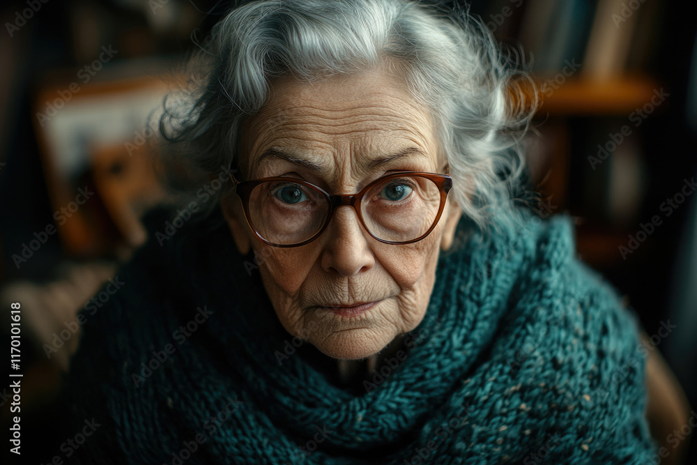 Close-up portrait of an elderly woman with grey hair, wearing glasses and a teal knitted scarf, looking directly at the camera. Close-up portrait of an elderly woman with grey hair, wearing glasses and a teal knitted scarf, looking directly at the camera.