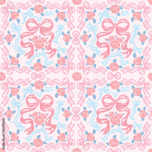 Seamless pattern of Rose and ribbons for textile, wallpaper and so on. You can change the background color from the EPS file.