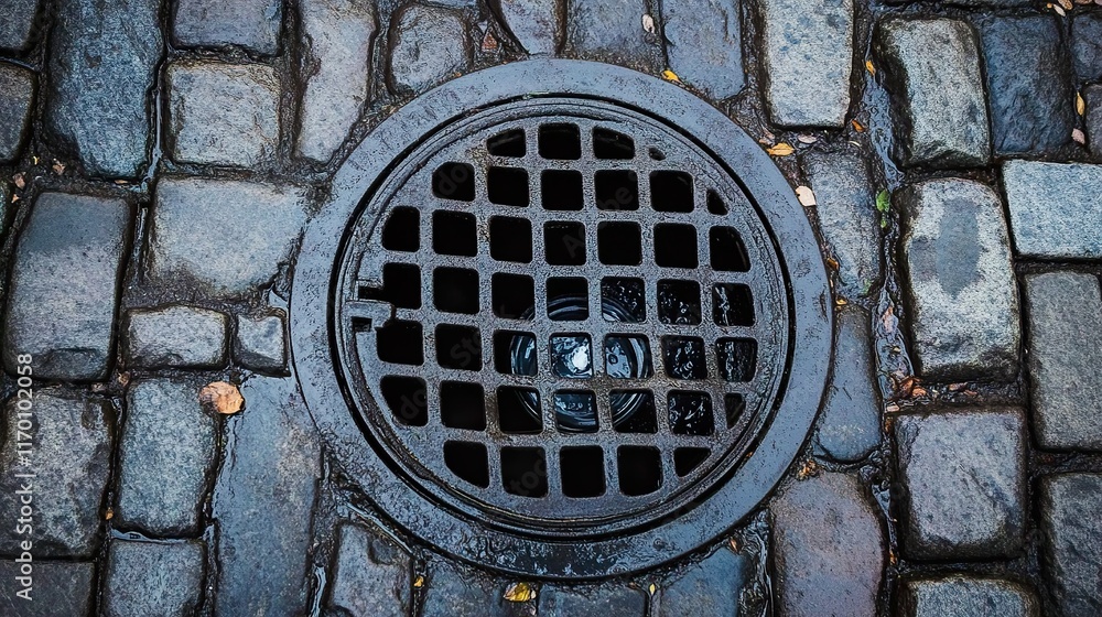 Cobblestone Street with Metal Drain Cover Cobblestone Street with Metal Drain Cover