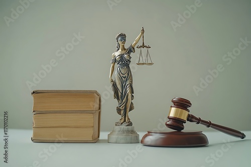 A statue of Lady Justice beside books and a gavel, symbolizing law and justice. photo