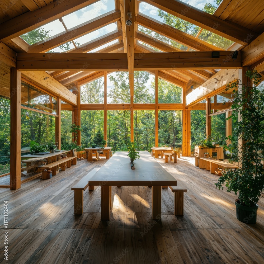 Fototapeta premium Collaborative learning space in a remote off-grid area surrounded by nature wooden architecture tranquil environment indoor viewpoint