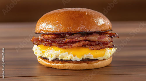 Gourmet Breakfast Sandwich with Crispy Bacon and Melted Cheese on a Toasted Bun - Close-Up View for Delicious Culinary Inspiration photo