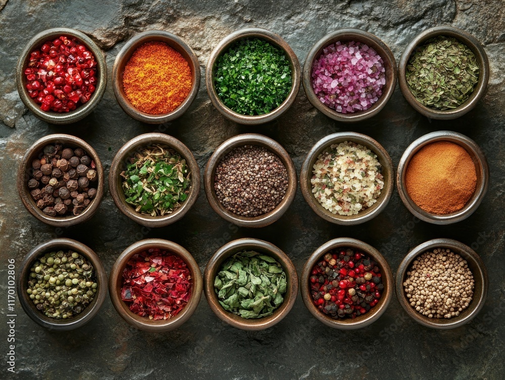 Variety of Spices in Ceramic Bowls on Stone Background Variety of Spices in Ceramic Bowls on Stone Background