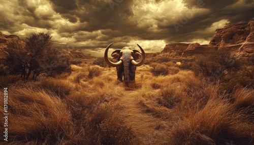 Mammoth stands in desert canyon under stormy sky photo