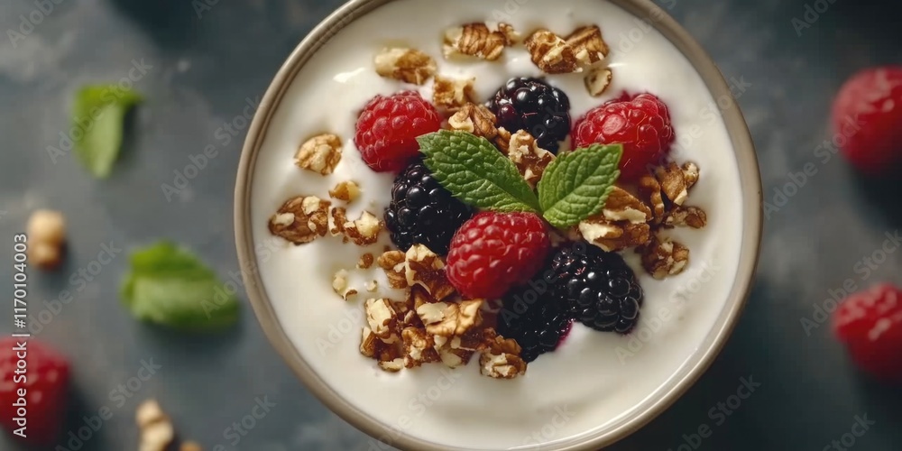 A serving of creamy yogurt topped with fresh berries and crunchy granola. A healthy, delicious snack or breakfast option. A serving of creamy yogurt topped with fresh berries and crunchy granola. A healthy, delicious snack or breakfast option.