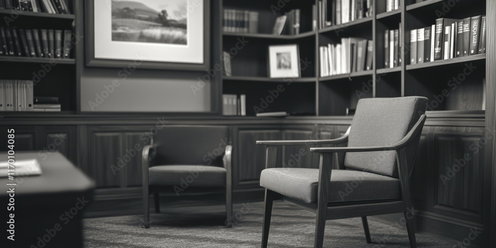An organized professional office space, featuring a library with many books and two comfortable chairs. An organized professional office space, featuring a library with many books and two comfortable chairs.