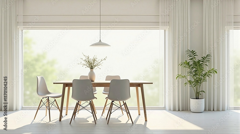 Obraz premium Minimalist Dining Room With Roman Shades On The Window, Done In White - Generative AI