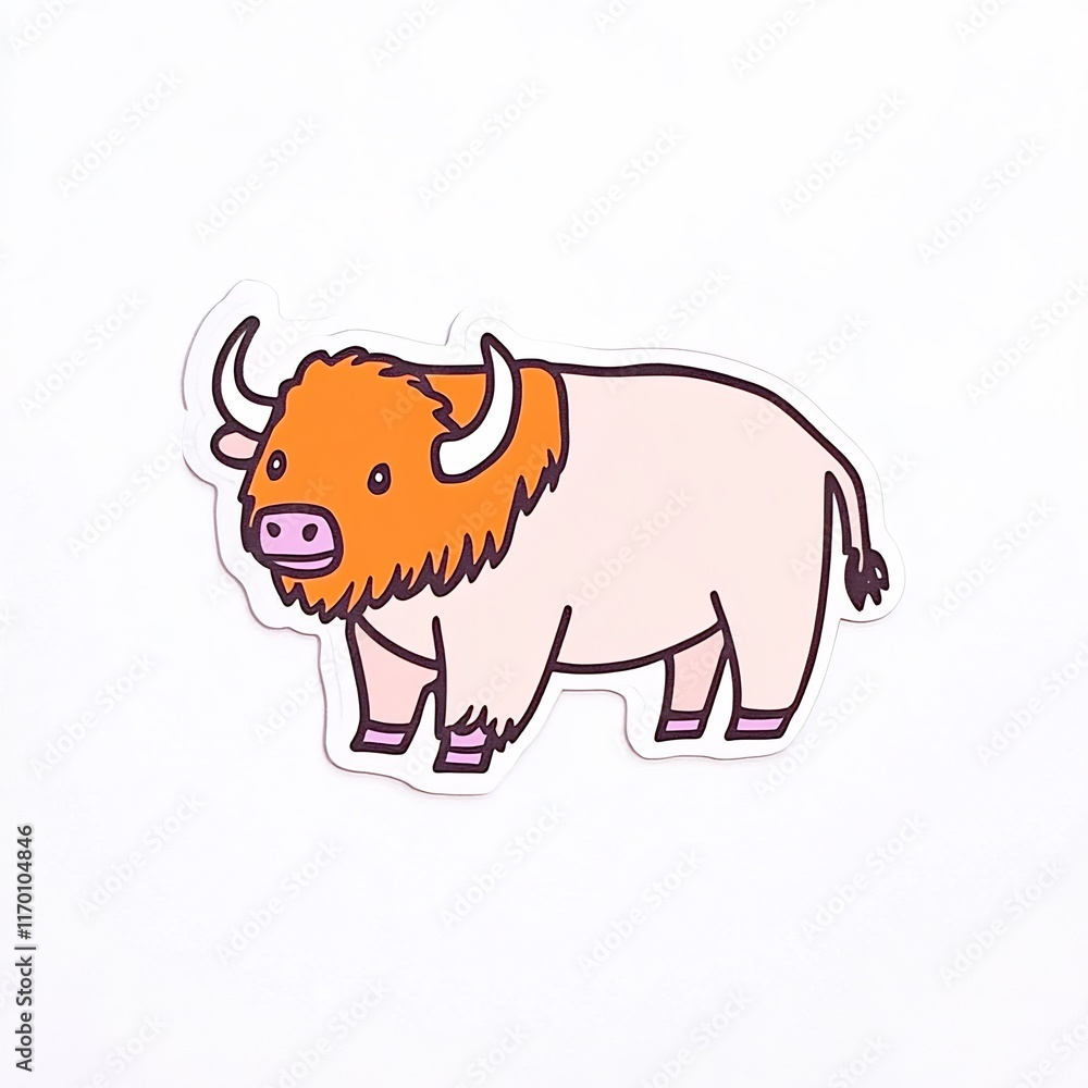 Obraz premium Charmingly Illustrated Pink Bison Sticker: Digital Art in a Whimsical Style. AI Generated