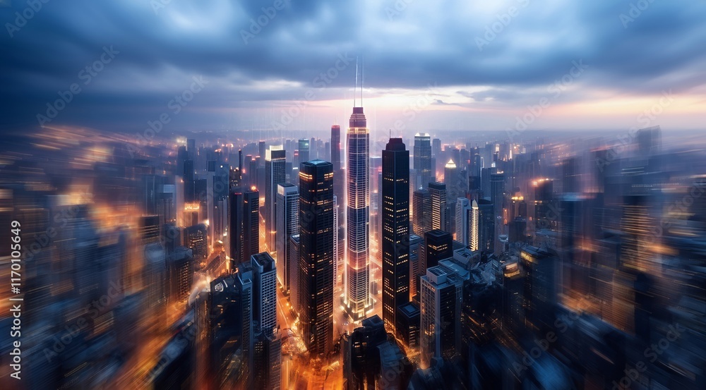 Obraz premium Future city atmosphere . Cyber Digital City. A modern city skyline at night. Future landscape. Future city skyscrapers. Cyber city view of modern big skyscrapers.