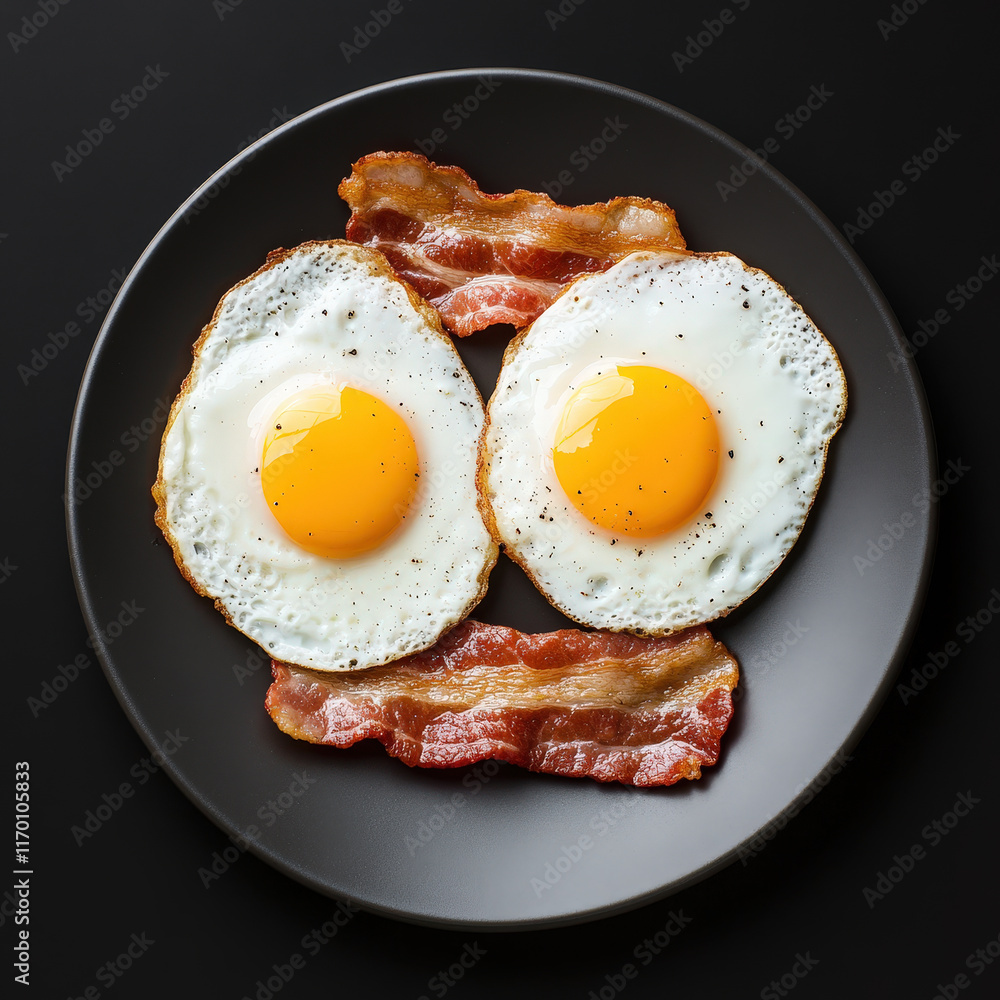 Minimalist Photograph of Crispy Bacon and Eggs on a Dark Plate Emphasizing Black and White Colors for a Culinary Presentation