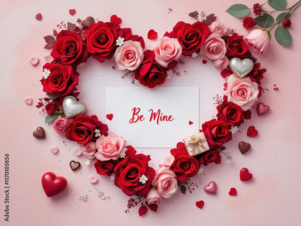 Heart-shaped arrangement of red roses with a Valentine’s Day message, a romantic and festive design for holiday or love-themed projects with space for text. Heart-shaped arrangement of red roses with a Valentine’s Day message, a romantic and festive design for holiday or love-themed projects with space for text.