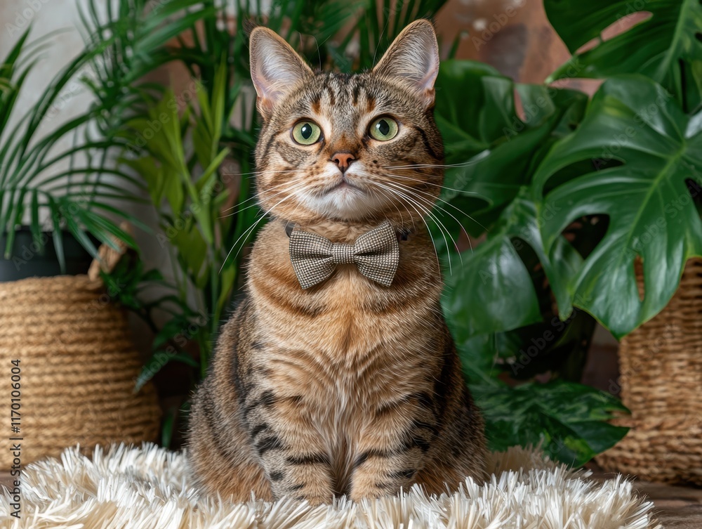 Brown tabby cat wearing a bow tie sits on a fluffy rug, surrounded by lush green plants Brown tabby cat wearing a bow tie sits on a fluffy rug, surrounded by lush green plants