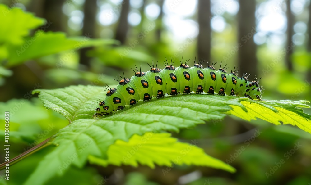 Lime green caterpillar with black and orange spots on a leaf. Lime green caterpillar with black and orange spots on a leaf.