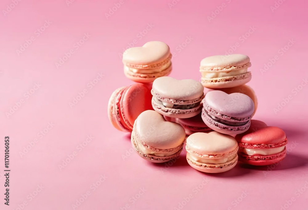 Heart-shaped macarons on a pink background Heart-shaped macarons on a pink background