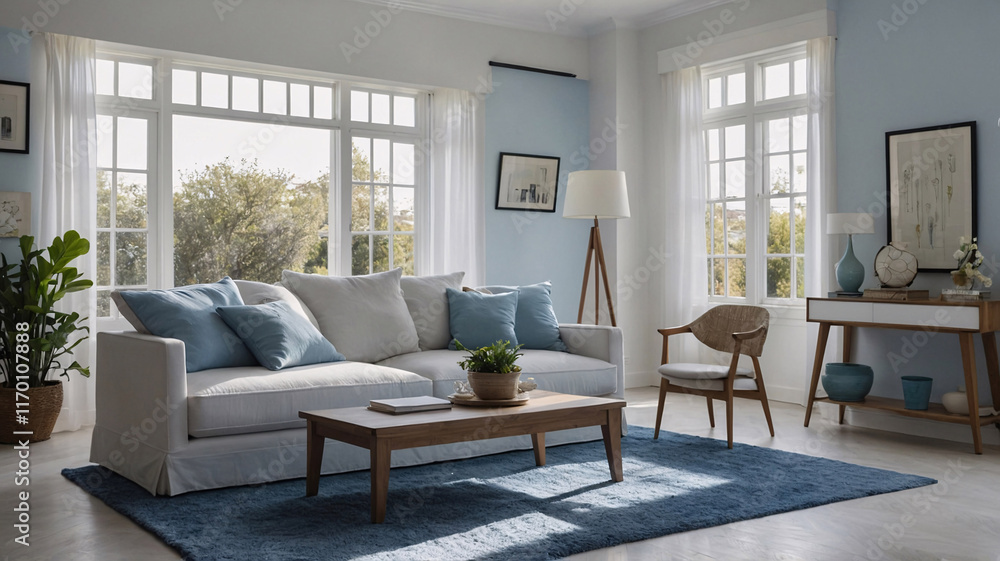 Fototapeta premium Inviting and spacious living room with a baby blue couch shelves filled with books and large windows letting in sunlight transitional interior design