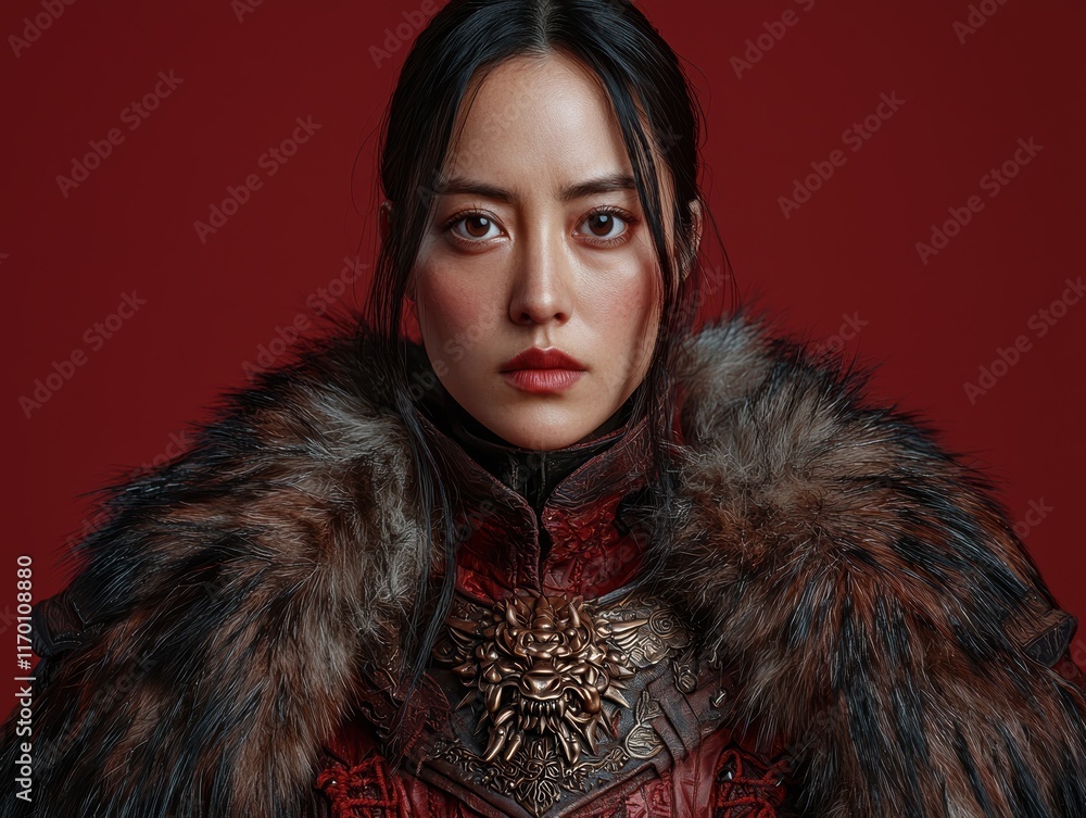 Portrait of a warrior woman in red armor and fur cloak Portrait of a warrior woman in red armor and fur cloak