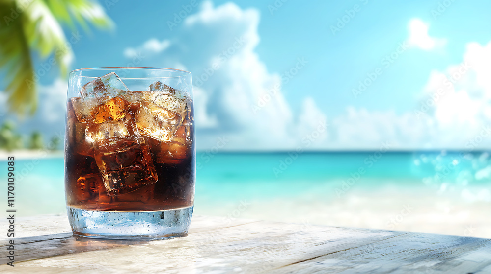 refreshing glass of dark beverage with ice cubes, set against tropical beach backdrop refreshing glass of dark beverage with ice cubes, set against tropical beach backdrop